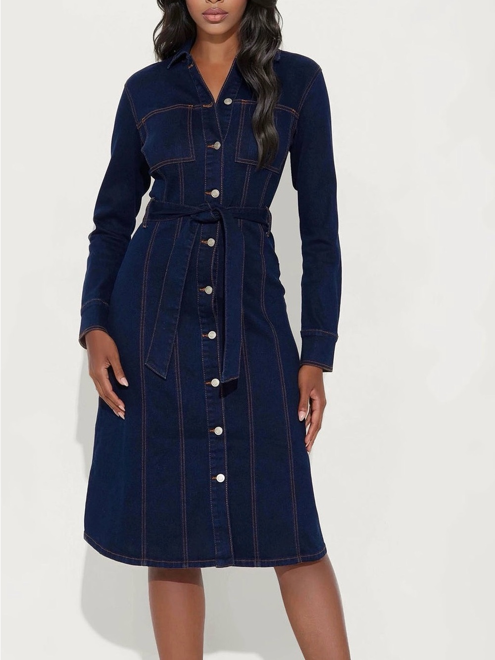 Fashion Nova Dark Blue Denim Shirt Dress with Tie Waist